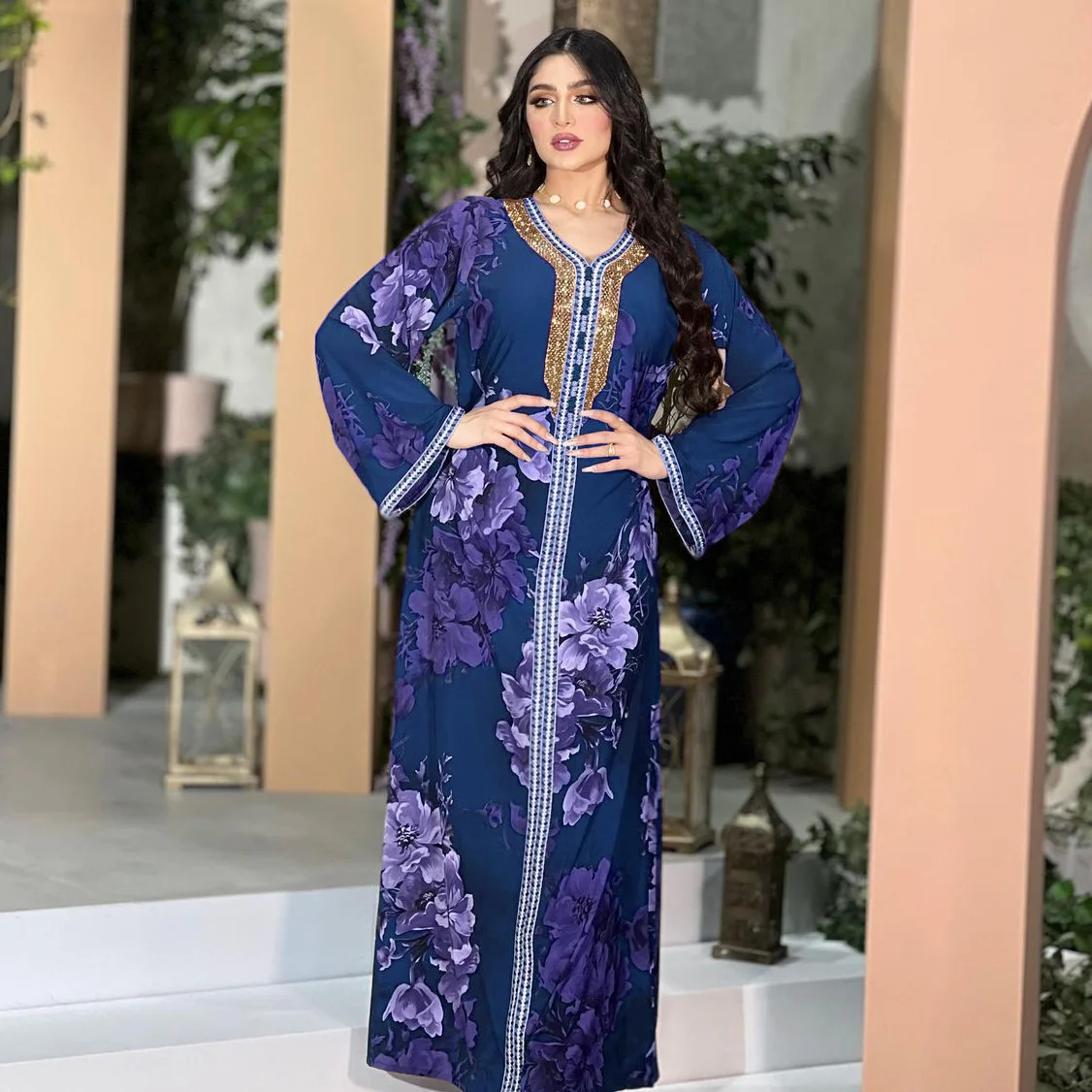 Summer Muslim Elegant Women Long Sleeve V-neck Polyester Green Purple Blue Long Abaya Maxi Dress Muslim Fashion Dresses