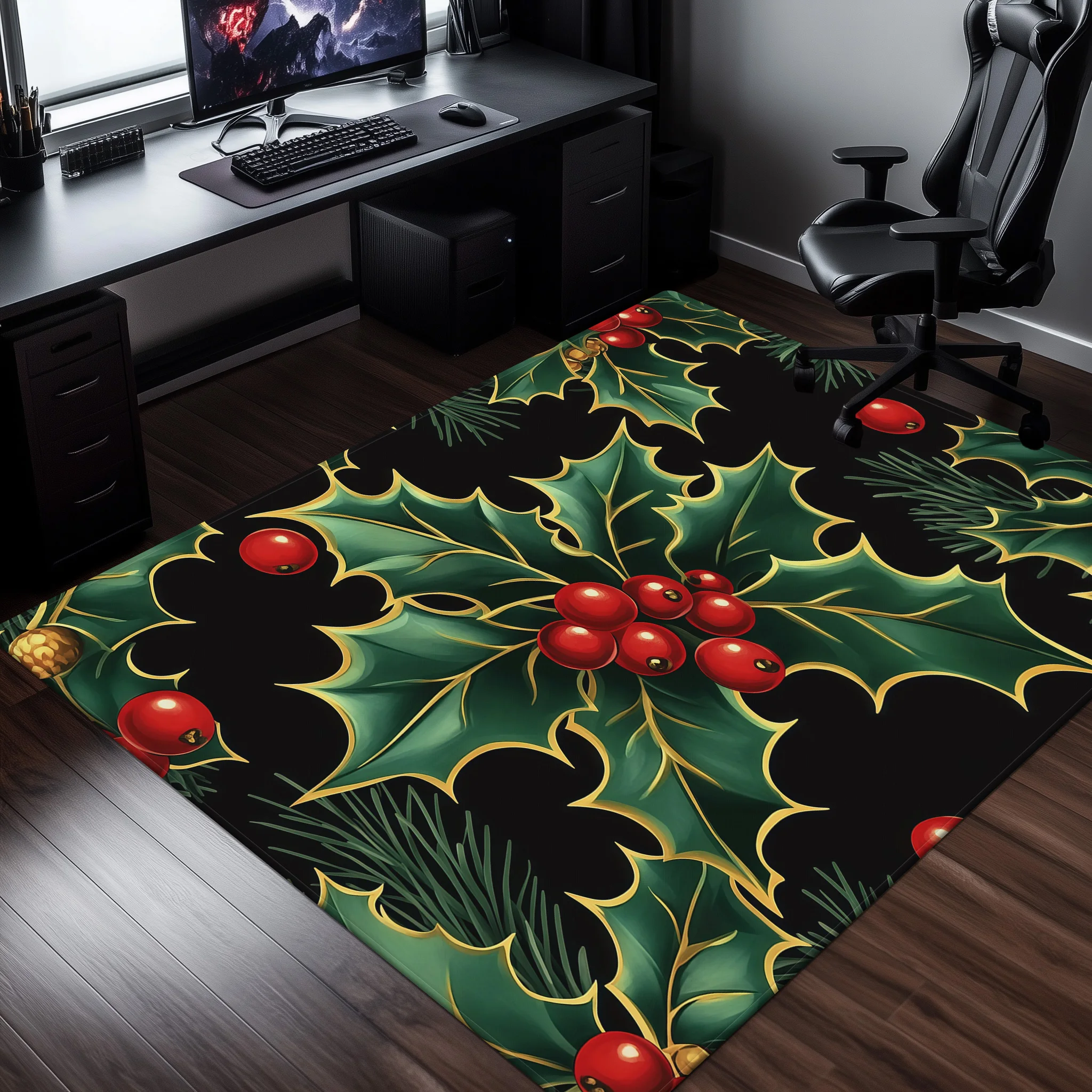 Christmas holly berries rug holiday green red pattern living room carpet festive home decor seasonal floor mat Xmas gift
