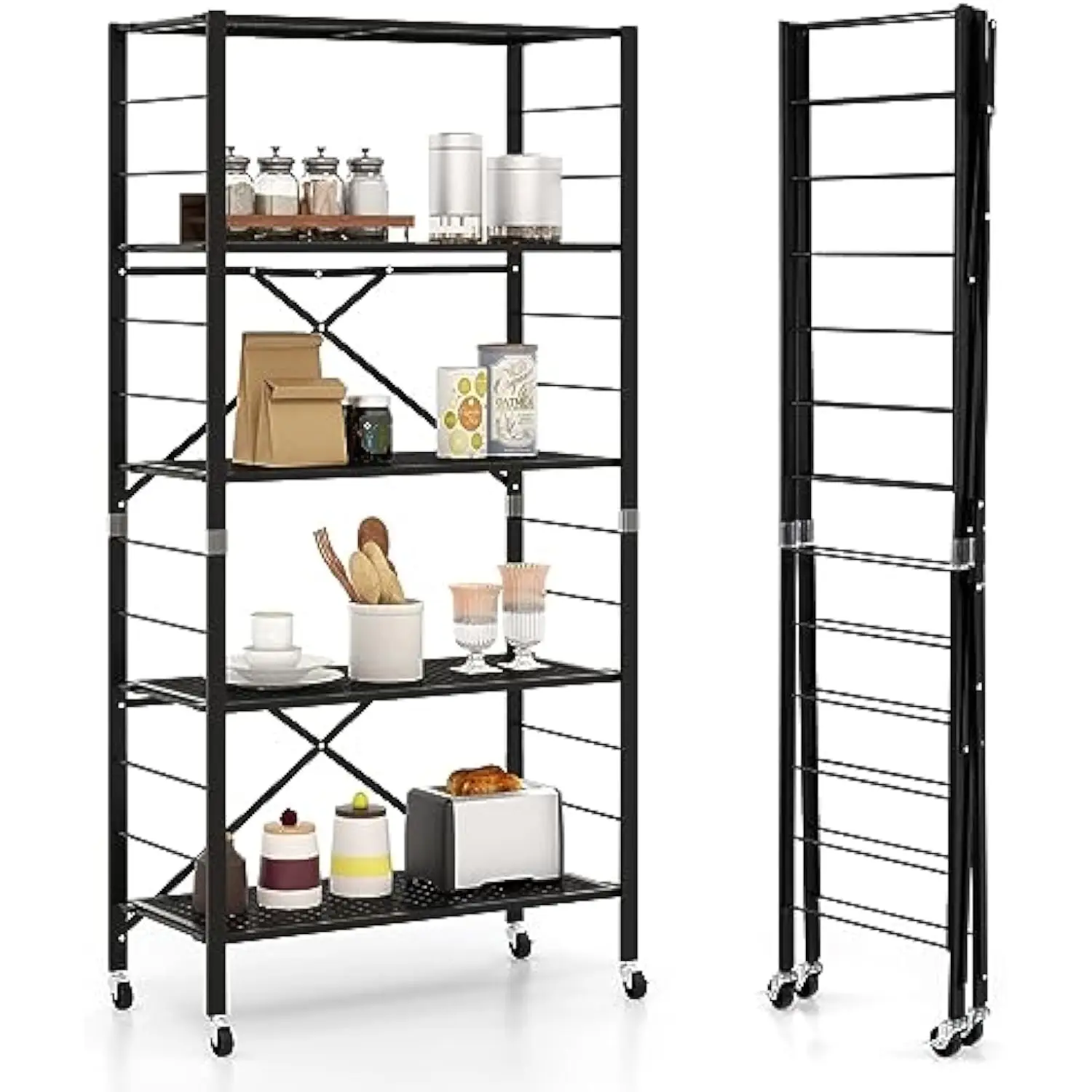 

5-Tier Folding Bookshelf with Wheels Black, 60 Tall Foldable Metal Shelves for Storage, Freestanding Open Shelving Storage, Ea