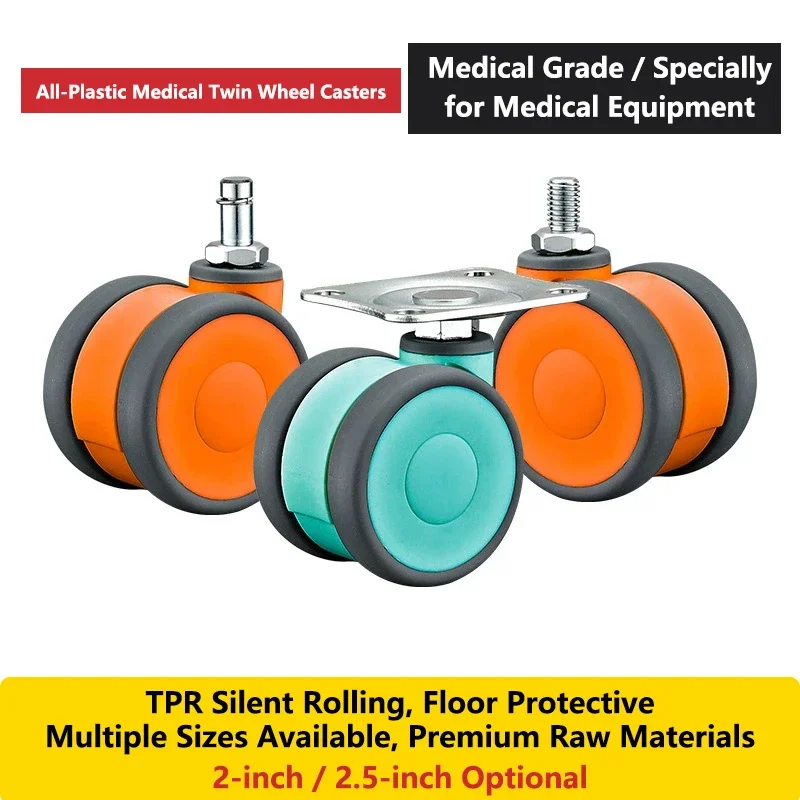 4pcs Silent 2 Inch All Plastic Medical Double Wheel Casters M8/M10 Screw Stem  360°TPR Swivel Wheels for Beauty Hospital Devices