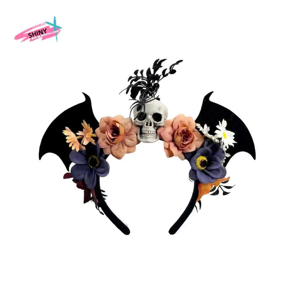 

Dark Skull Head Headband Simulation Flowers Bat Halloween Skull Headband Gothic Headdress Day of The Dead Headband Party