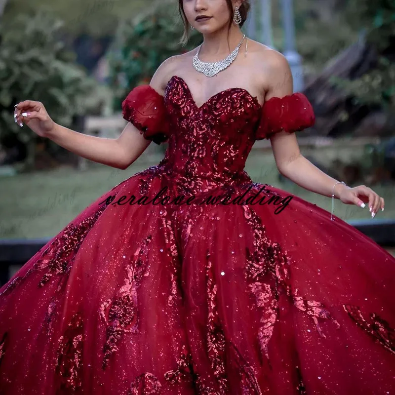 Gaun Quinceanera Merah Gaun Manis Kristal Bermanik Rok Lebar Vestidos Para XV Años Gaun 16 "Robe De Soirée