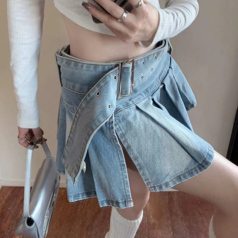 Women Denim Mini Skirts Pleated Chic Summer Sexy with Belt Vintage Ruffles Streetwear Hip Hop Party Y2k Fashion Slit Designed