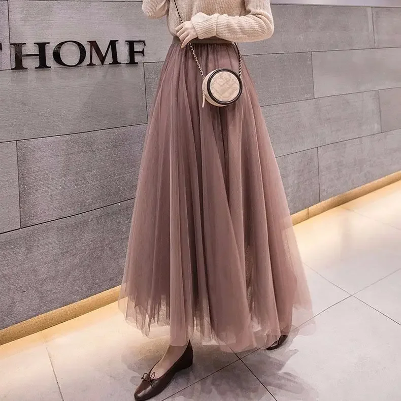 

Pleated Lace Gauzy Dress Women's Long Tulle Dress Skirt High Waist Wide Hem Dress Woman Skirts Mujer Faldas Saias Mulher