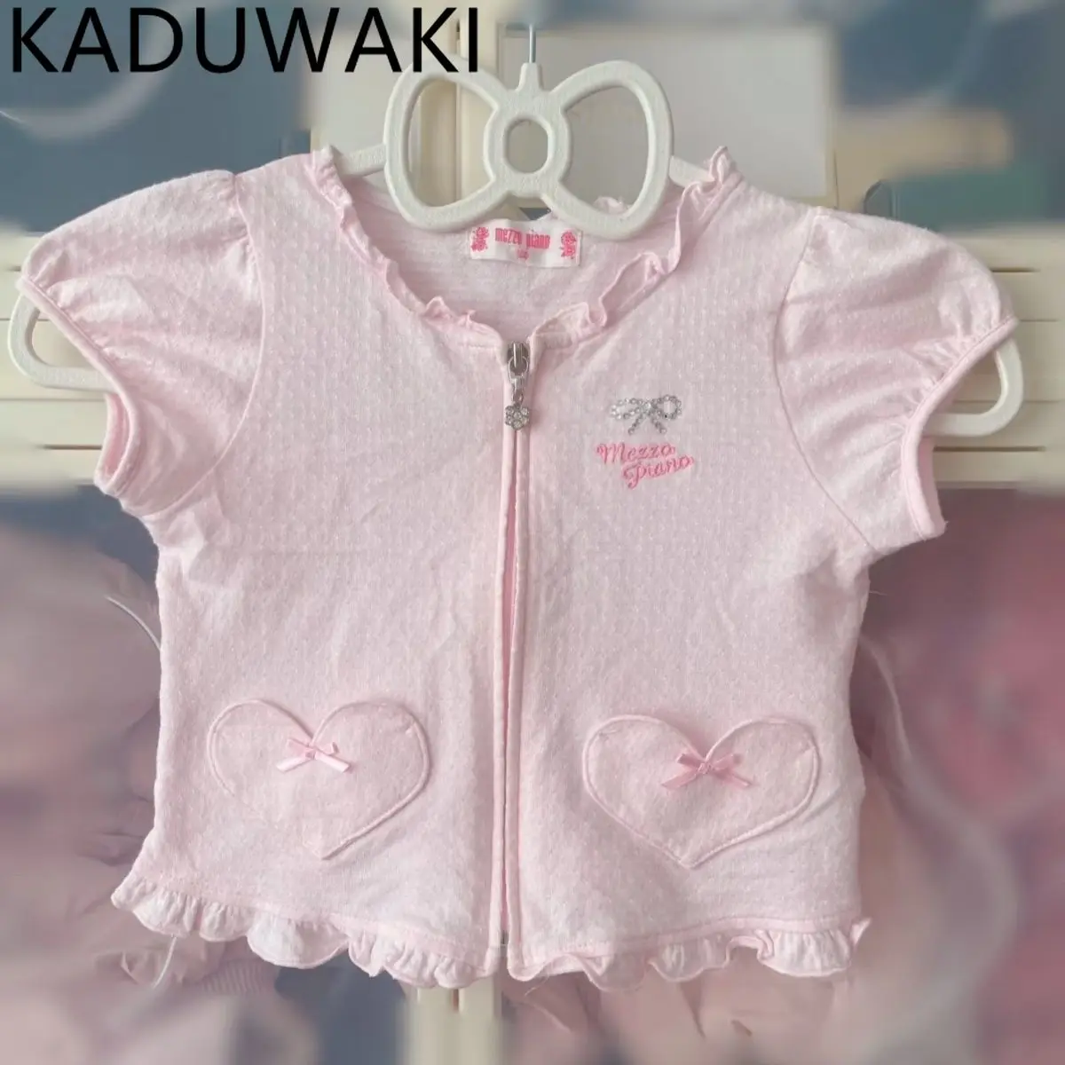 

Укороченный топ Kawaii Fungus в японском стиле Harajuku с милым бантом на молнии, пальто с круглым вырезом и короткими рукавами, летний кардиган Y2k, эстетический розовый Ropa