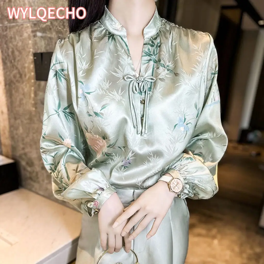 

Women Imitation Silk Vintage Jacquard New Chinese Style Blouses Spring Elegant Chinese Style Cardigan Shirts Blusa Mujer Moda