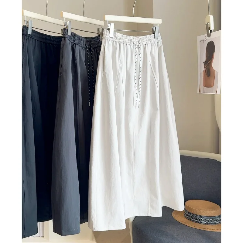 High Waist Drawstring Elastic Lightweight Quick Dry Work Skirt Midi Length Half Body Skirt Women's Pumpkin Shape Loose Fit