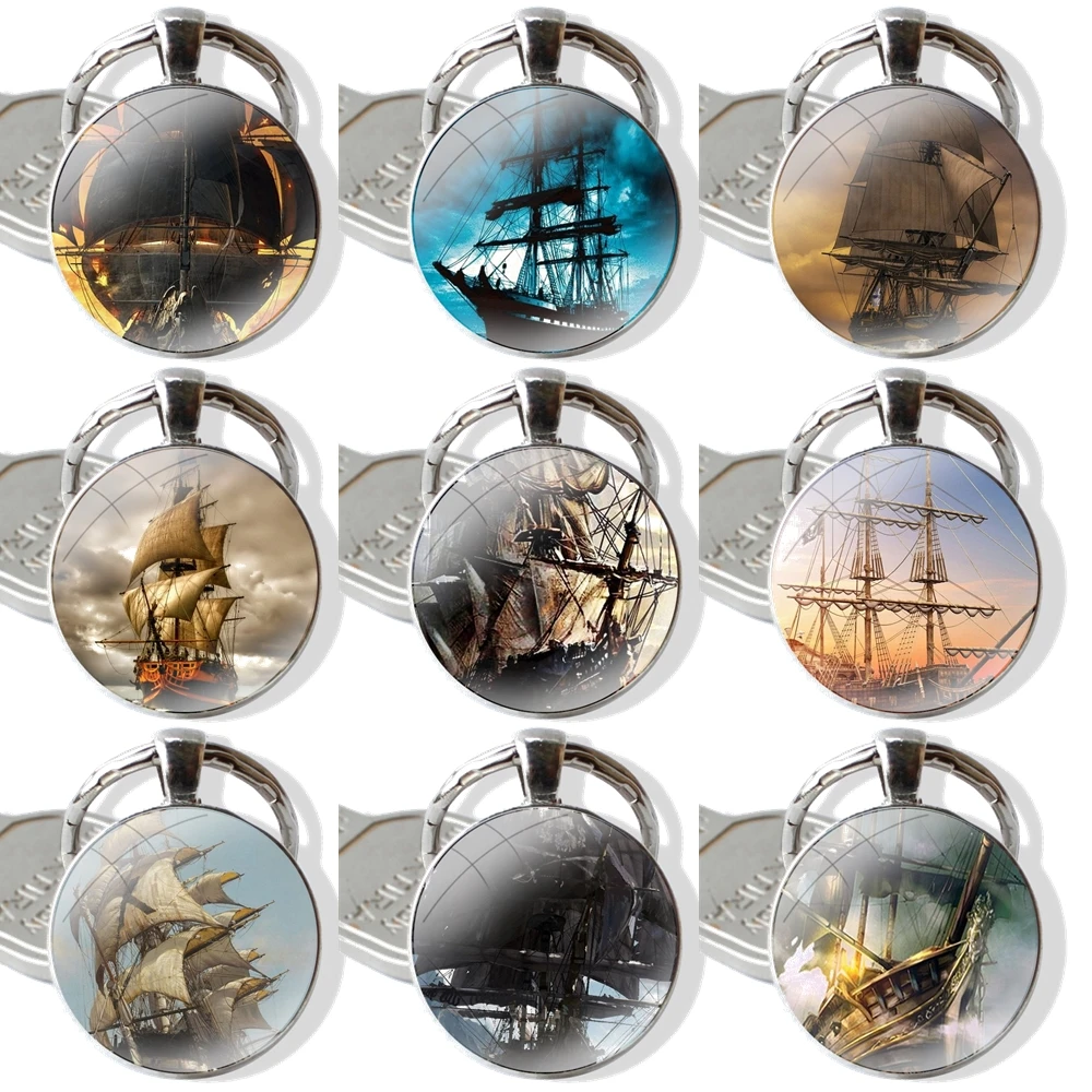 Keychain Handmade Glass Cabochon Key Ring Holder Pendant Key Chains sailing Ship Sightseeing boat Pirate Ship