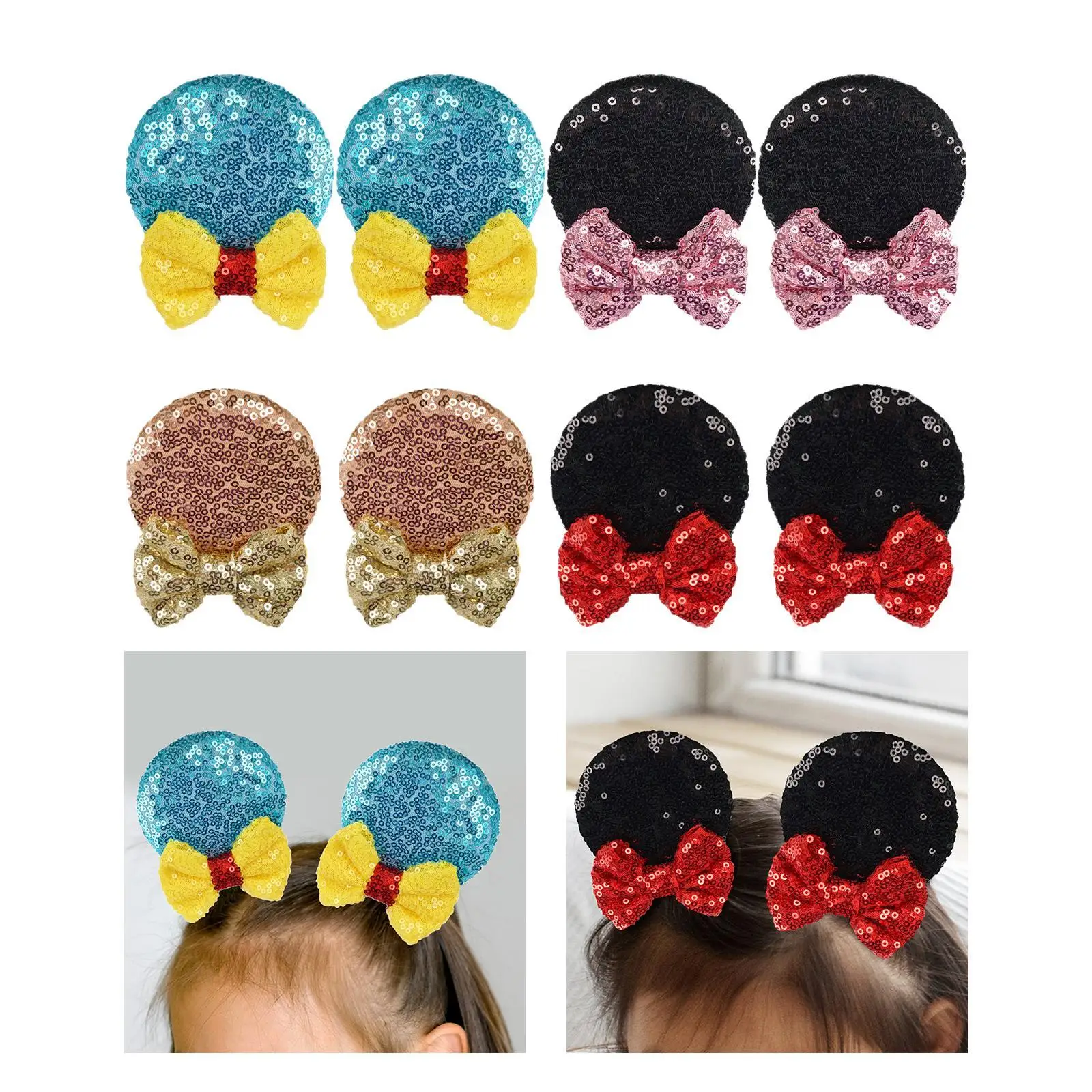 4Pcs Mouse Ears Hair Clips Sequin Hair Bows for Cosplay Halloween Decoration