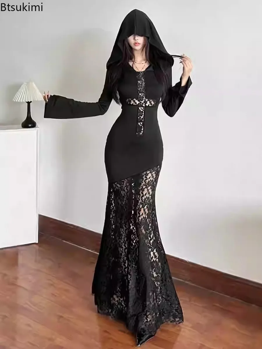

Готическое темное элегантное модное женское платье с капюшоном Mall Gothic Cross Hollow Out Lace Spliced Partywear Acubi Сексуальные облегающие платья Тонкие