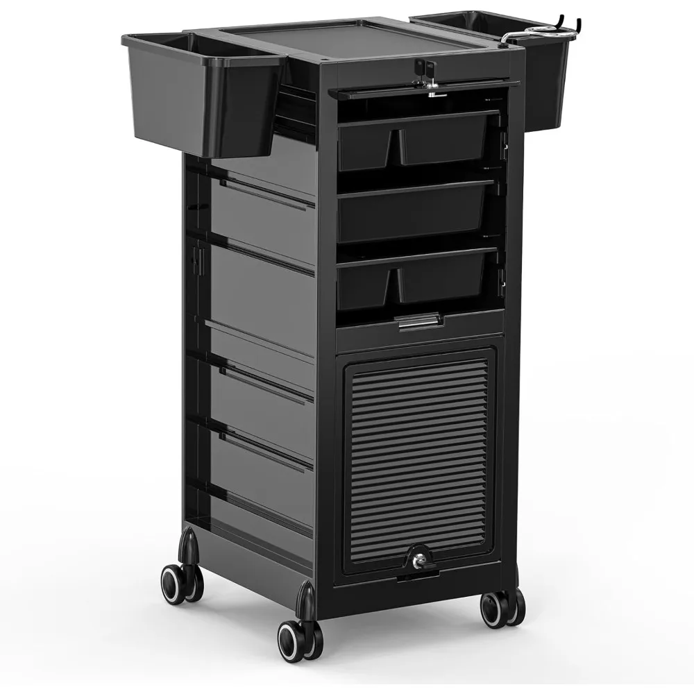 

Salon Trolley Cart, Hair Stylist Station with 2 Lockable Doors, Rolling Hair Cart Organizer with Drawers & Bucket & Dryer Holder