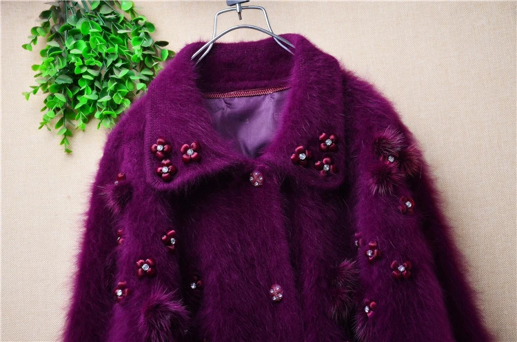 Women Mujer Autumn Winter Purple Vintage Embroidery Beading Angora Rabbit Hair Knitted Long Batwing Sleeves Loose Cardigan Coat