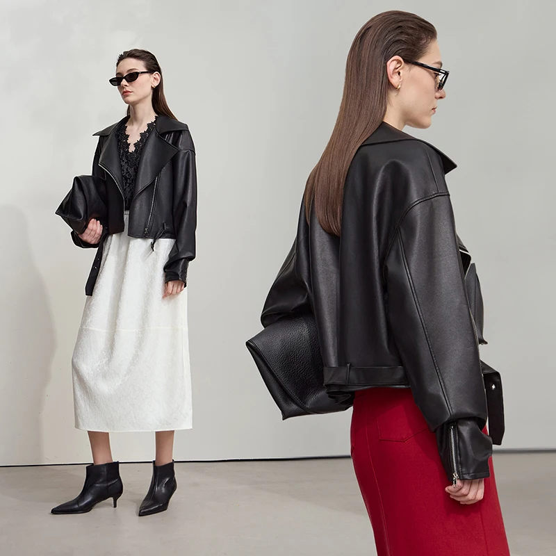 AMII Women's Leather Jacket 2025 Autumn New Minimalist Loose Short Ladies Clothing Zipper Long Sleeves Women's Coat 12543043