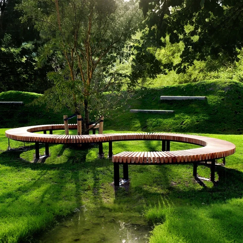 

Curved outdoor leisure solid wood S-shaped park public seats, wrought iron tree pool square chairs, special-shaped benches