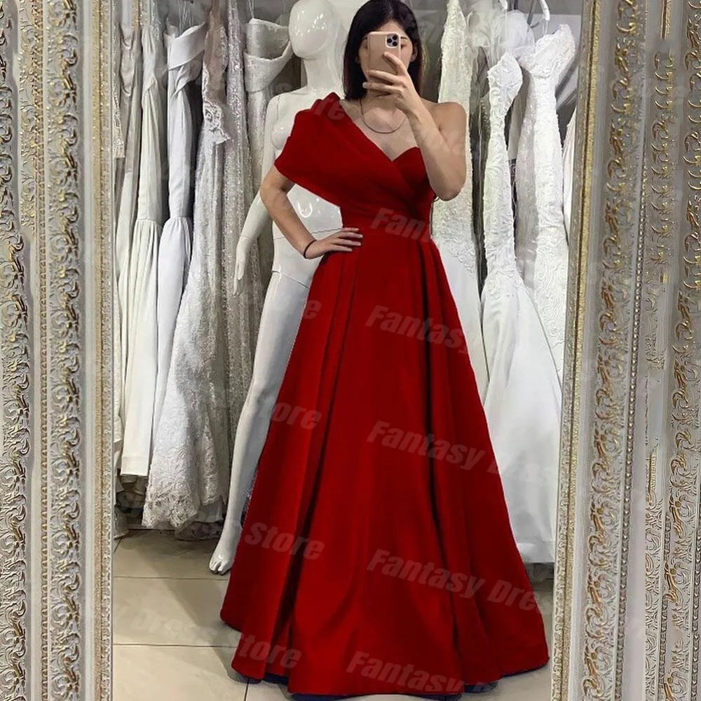 

2023 Fantasy Dress Retro Deep Red A-line Prom Dresses One Shoulder Sleeve Formal Occasion Satin Evening Dresses For Women