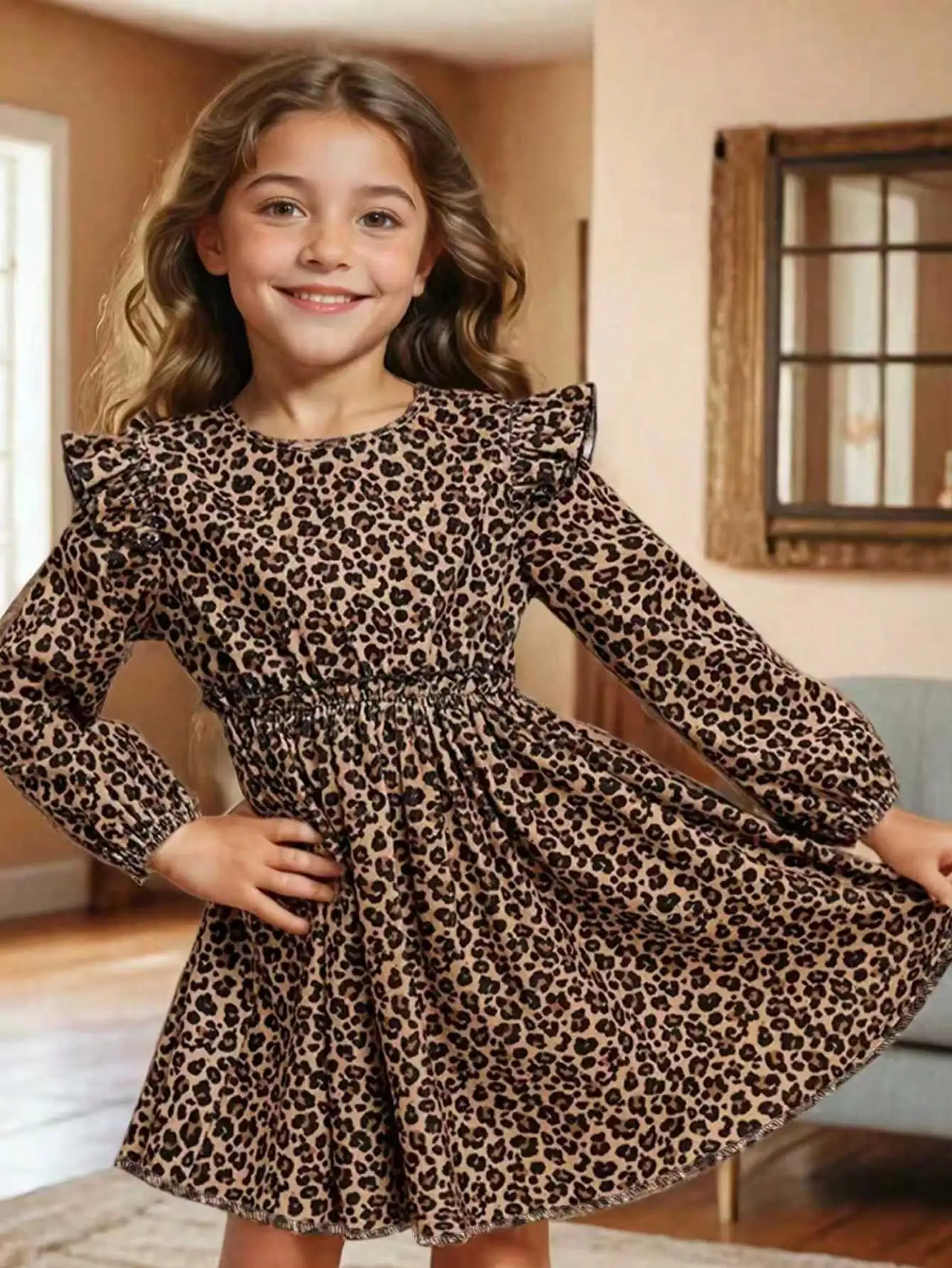 Elegantes, vielseitiges Kleid mit Leopardenmuster und langen Ärmeln für Mädchen, aus schmalem Strickstoff mit ausgestellten Rüschenkanten-Details. – Detail 6
