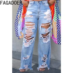 FAGADOER Fashion Hole Straight Jeans Pants Women High Waist Button Pocket Loose Denim Trousers Blue Casual Female Cowboy Bottoms