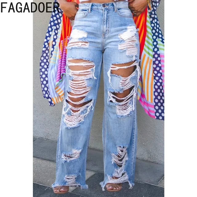 FAGADOER Fashion Hole Straight Jeans Pants Women High Waist Button Pocket Loose Denim Trousers Blue Casual Female Cowboy Bottoms
