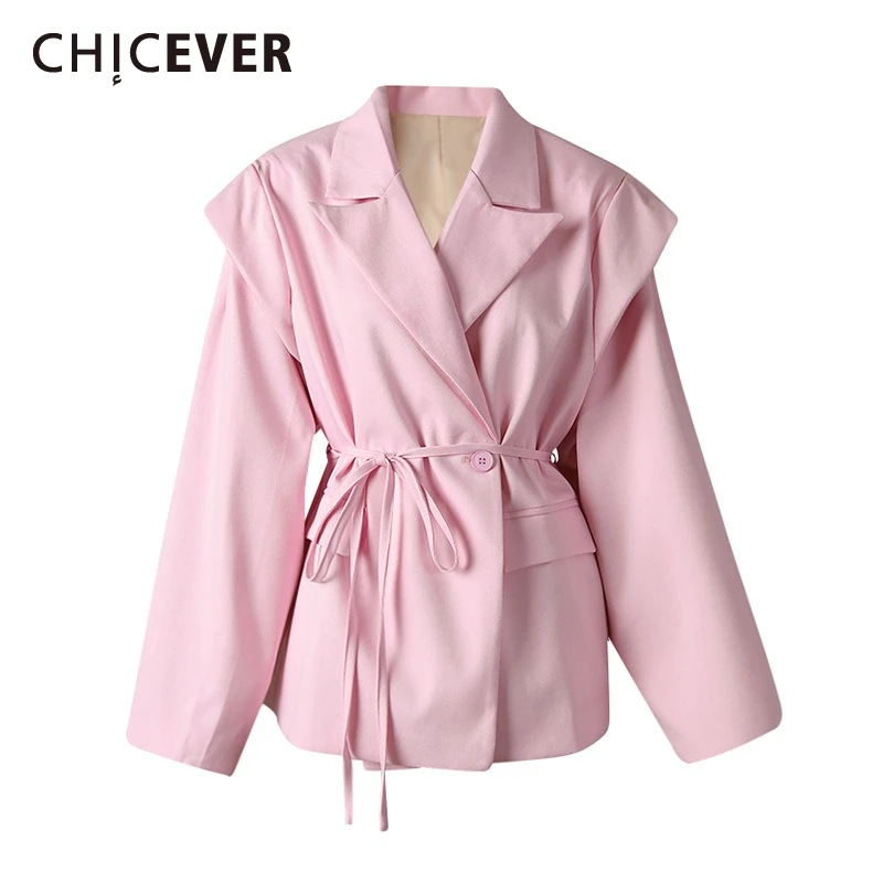 CHICEVER Solid Color Spliced Single Button Blazer for Women Notched Collar Long Sleeve Patchwork Lace Up Office Lady Coat Female