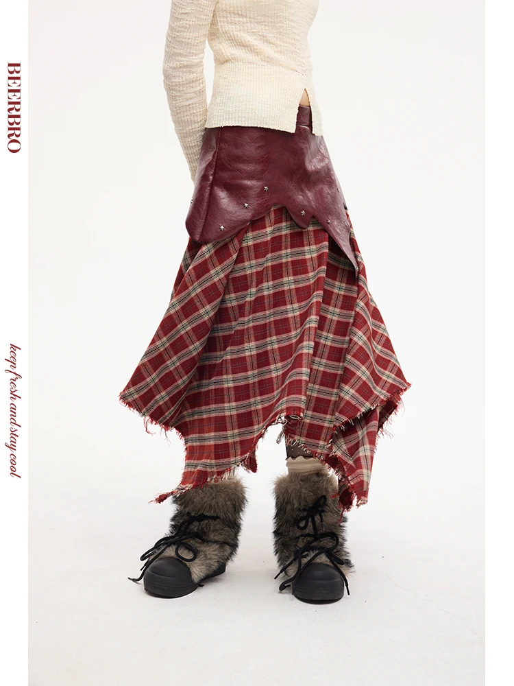 

BeerBro American Retro Plaid Tassel Skirt Women's Autumn Winter Slimming Midi Skirt Low Waist A-Line Polyester Blend