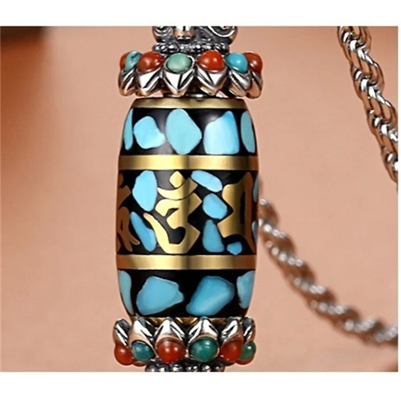 Retro Blue Stone Magic Pestle Pendant Men Jewelry Rotatable Buddist Scriptures Bead Necklace Male Personality Amulet Accessories