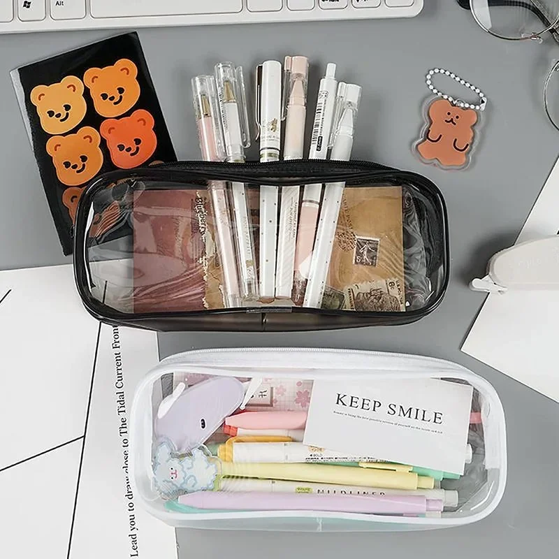 PVC Pencil Case Transparent Zipper Large Capacity Simple Black and White Pencil Bag for School Office Stationery Supplies