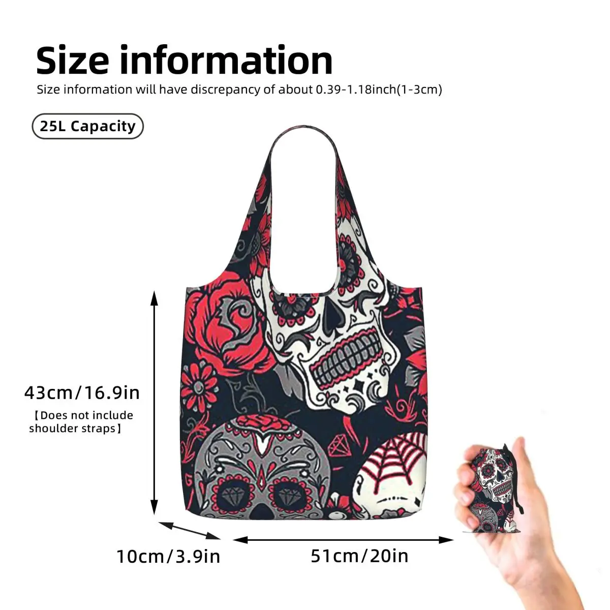 Sugar Skull Pattern Red Shopping Tote Bag Canvas Large Capacity Shoulder Bags Shopper Grocery Handbag for Women