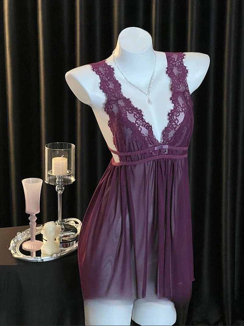 

Аскетическая фиолетовая кружевная пижама с открытой спиной, женственное прозрачное романтическое нижнее белье, соблазнительная сетчатая ночная рубашка на бретелях, мягкая, приятная для кожи