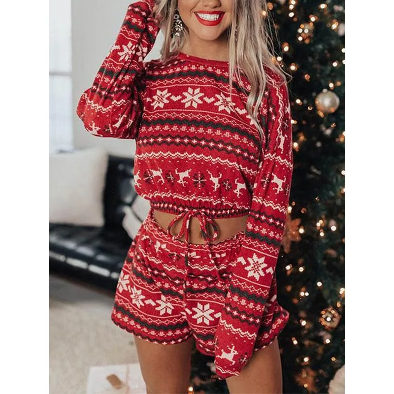 

Krisnanas Christmas Women's Two Piece Sets 2025 Print O-neck Drawstring Hem Tops Shorts Party Casual New in Matching Sets 69512