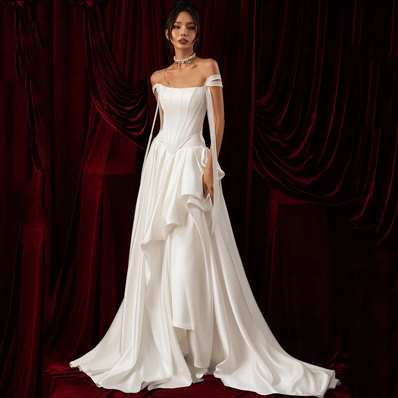 Eightree White A-Line Wedding Dresses Off The Shoulder Ruffled Satin Bridal Dress Princess Wedding Ball Prom Gowns Customized