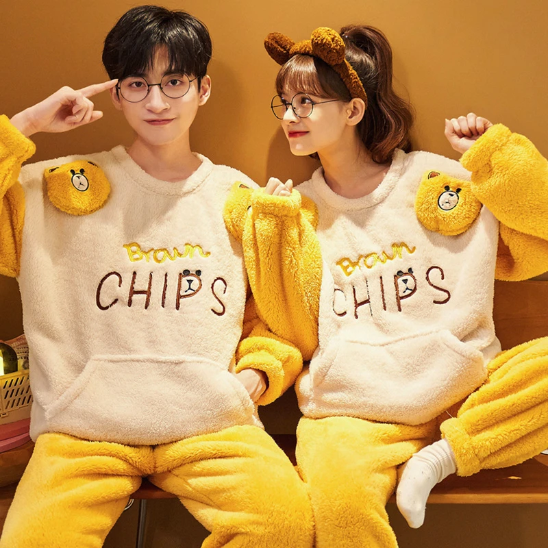 Cartoon Bear Pijamas Sets Anime  Women Men Winter Thicken Couples Pajamas Suit Soft Warm Men Sleepwear Pyjama Pour Femme  Lovers