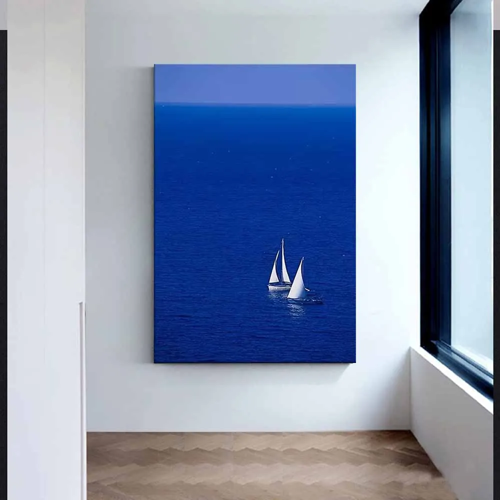 Deep Blue Sea and A Sailboat Poster and Prints Landscape Canvas Painting Wall Art Picture for Living Room Home Decor Cuadros