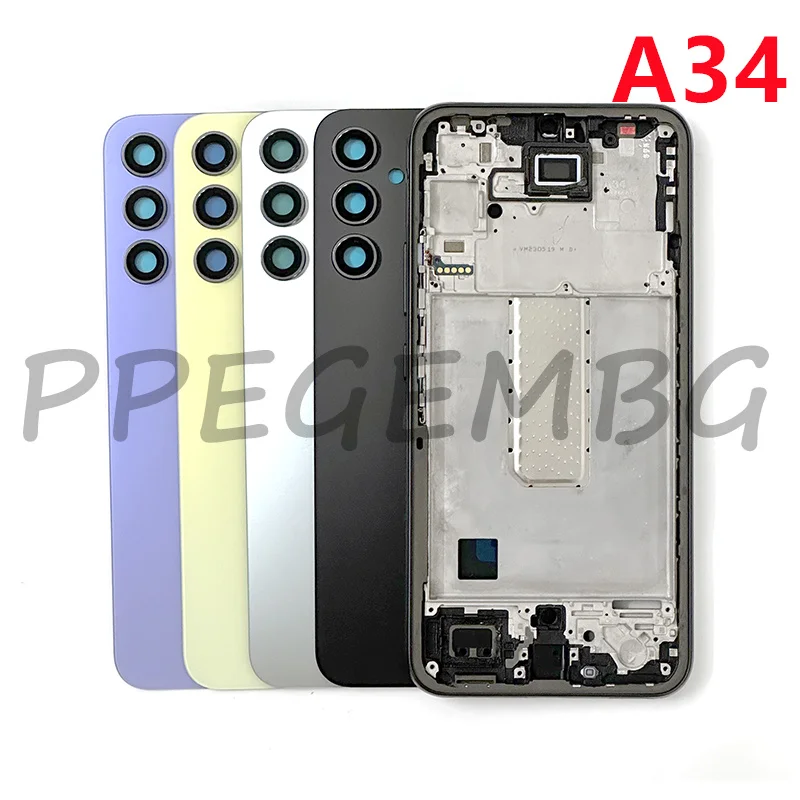 For Samsung Galaxy A34 5G A346 Housing Case Middle Frame Cover+Battery Back Cover Rear Lid Door+Camera Lens Side Buttons Parts