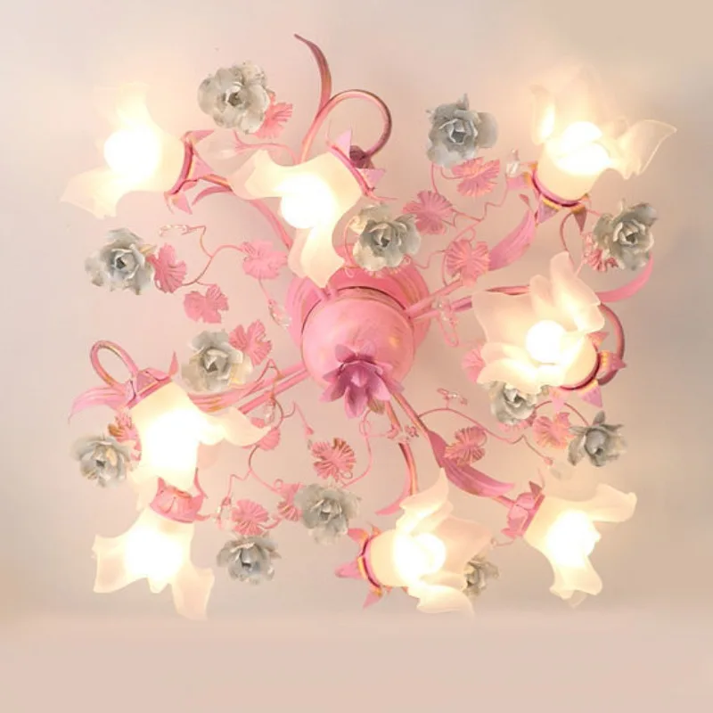 Pastoral Style Ceiling Lamp Rose Flower Grass Light for Home Decor Bedroom Living Room Modern LED Lighting Warm Romantic