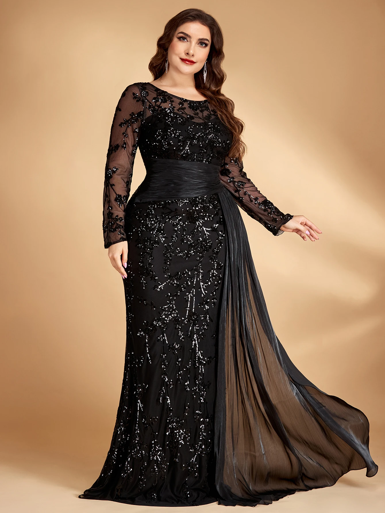 Plus Size Elegant Long Sleeves Sequins Patchwork Ribbon Pleats Formal Evening Dresses Luxury Mermaid Party Gown Prom