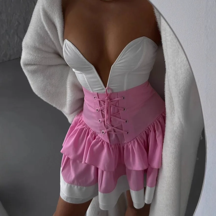Bow tie slimming spliced   long-sleeved top high-waisted short skirt strapped spliced   cake skirt for women