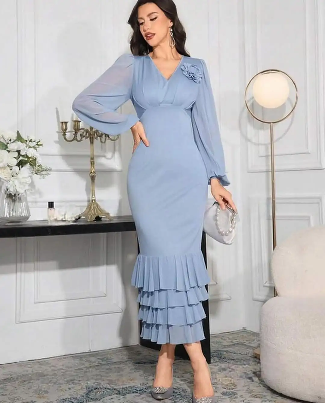 

Vintage Mermaid Long Sleeves Prom Dresses Pleated V Neck Chiffon Formal Occasion Prom Gowns Ankle Length Wedding Party Dresses