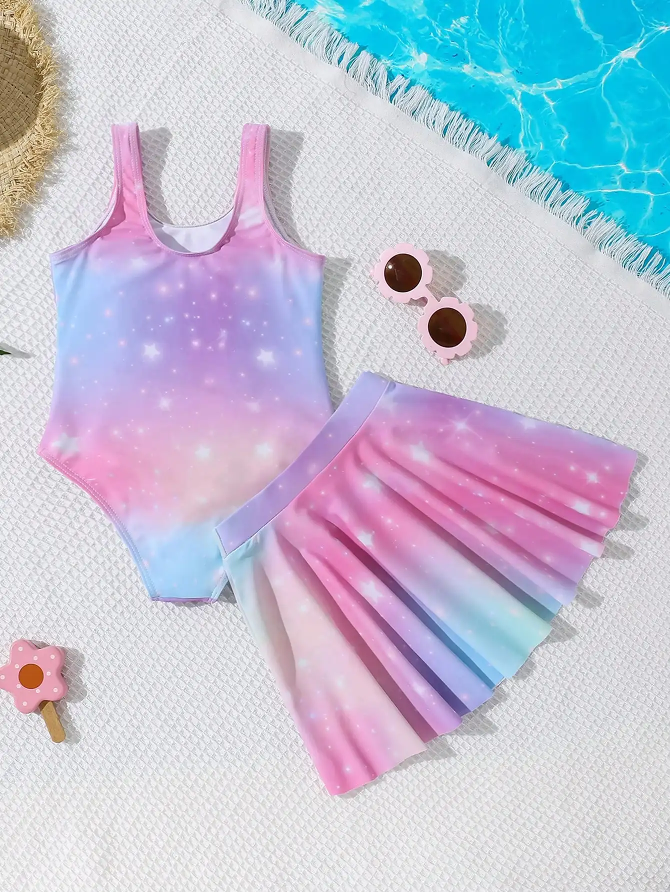 

Unicorn Print One-Piece Swimsuit With Pleated Skirt Cover Up For Women