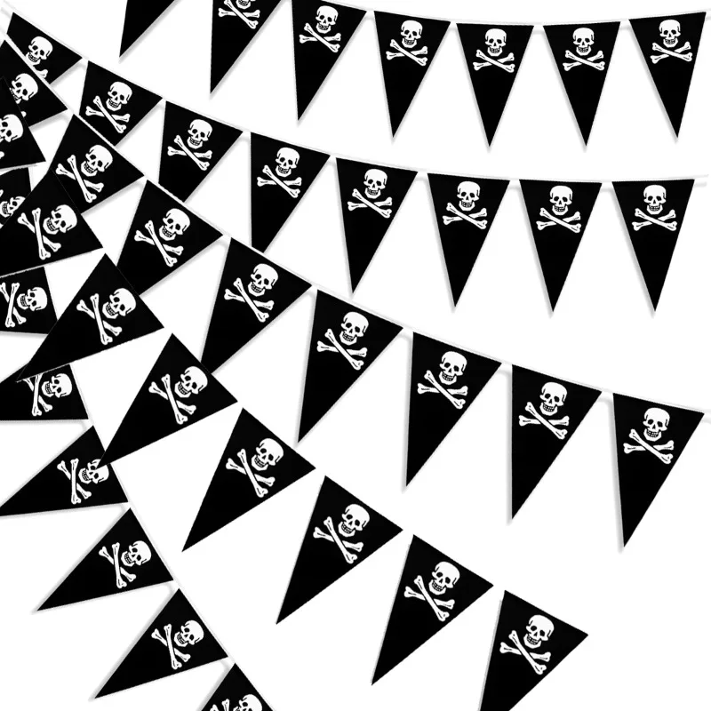 5M Halloween Pirate Skull Printed Hanging Triangle Flags Banners Backdrop for Pirate Theme Halloween Birthday Party Decorations