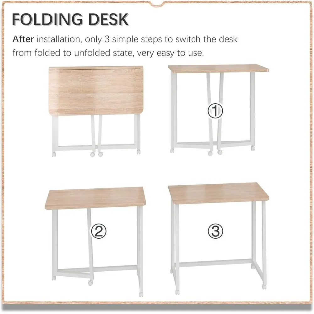 Compact Rolling Desk for Home Office, Foldable Study Table with Wheels - Natural & White