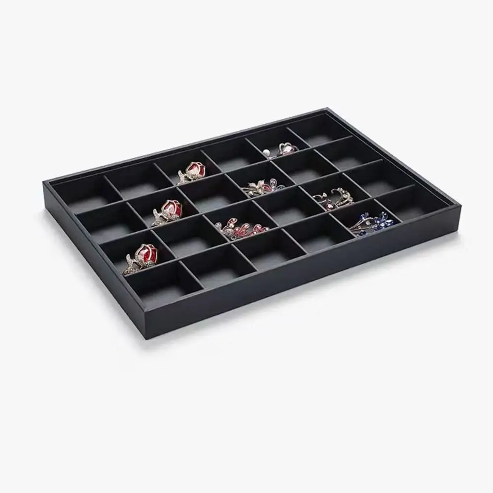 Stackable Jewelry Display Tray Black Flat Bottom PU Leather Jewelry Pallet Anti-slip Removable Dividers Jewelry Drawer Inserts