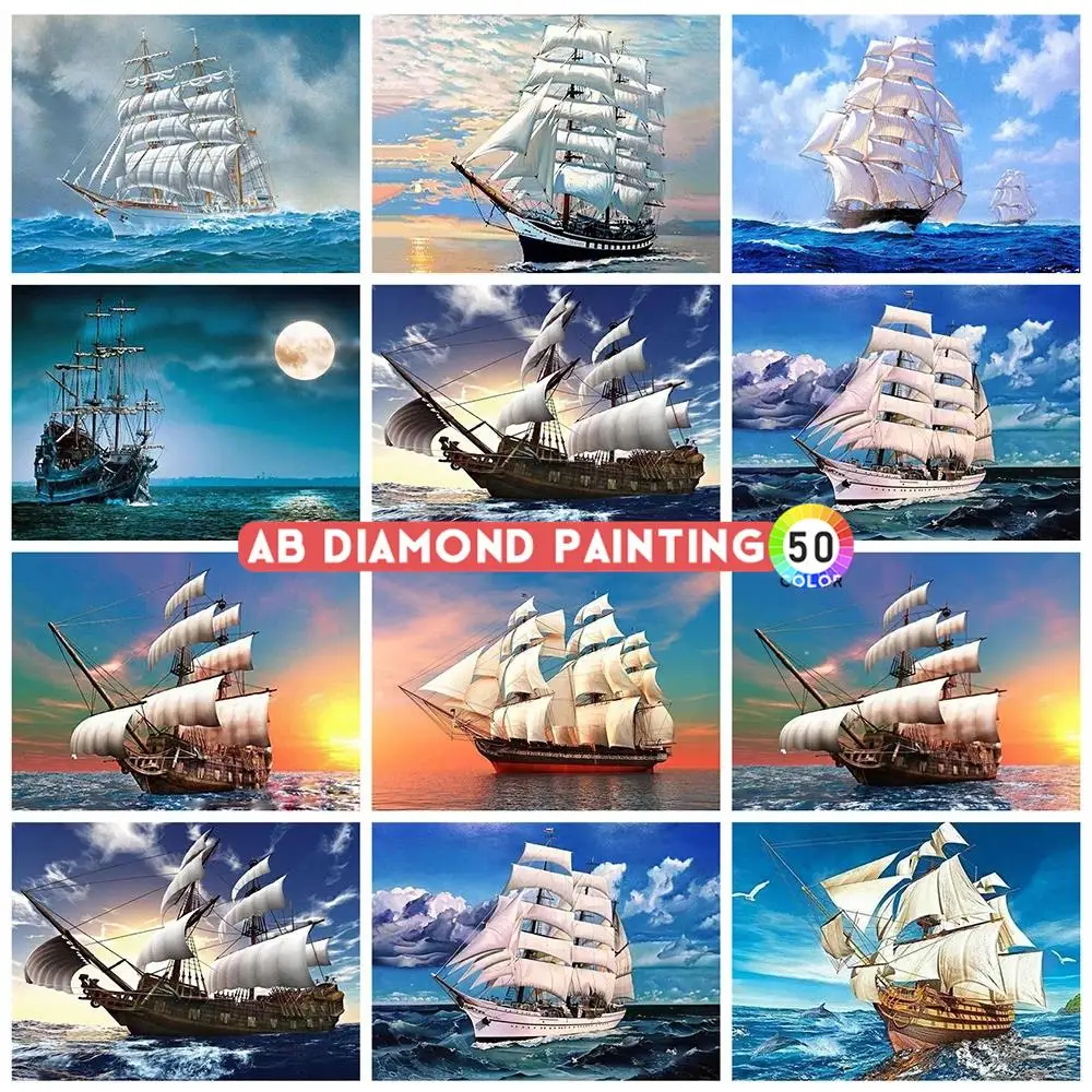 AB Diamond Painting Colorful Kit Landscape Mosaic Sea Ferry 5D DIY Embroidery Sailboat Wall Stickers Home Decor