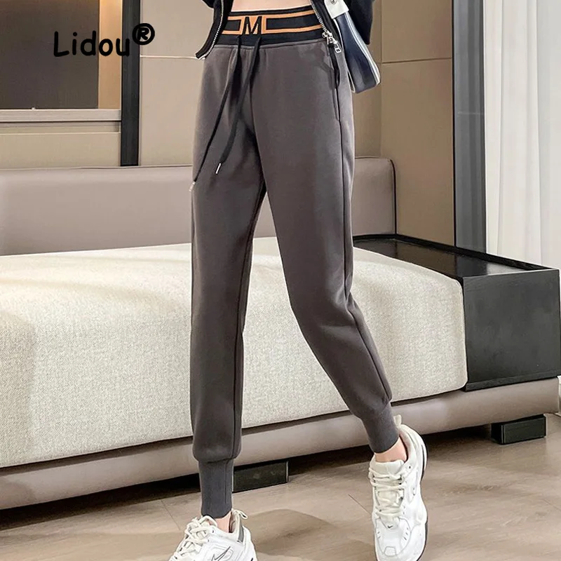 

2022 New Casual Color Blocking Drawstring Women Pencil Pants High Waist Plush Thickening Keep Warm Lady Cotton-padded Trousers