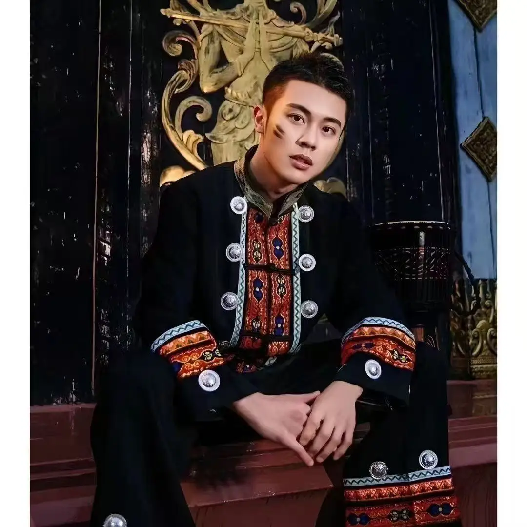 Chinese National Style Men's Traditional Hmong Clothing Set Carnival Stage Miao Ethic Minority Performance Suits Black Male