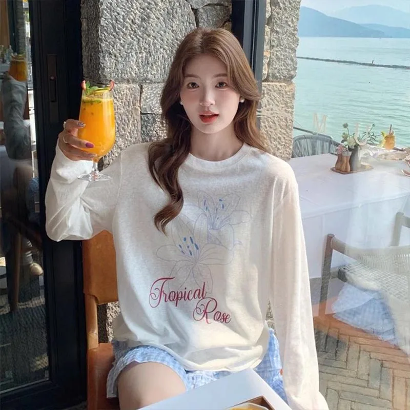 Women Clothing Elegant Fashion Long Sleeve Floral T-shirt Spring Autumn Casual Loose Sunscreen Cover Top Tee Lady Thin Pullovers