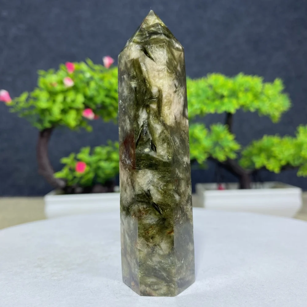 Natural Green Mica Tourmaline Crystal Quartz Tower Hexagonal Healing Stone Wand Home Decor Spiritual Energy Gift