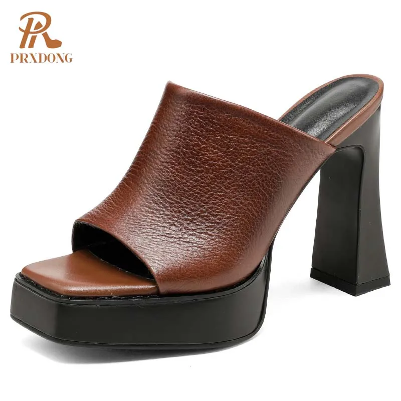 PRXDONG 2025 nouveaux classiques rétro en cuir véritable talons hauts plate-forme bout ouvert noir marron robe fête femme sandales pantoufles 39