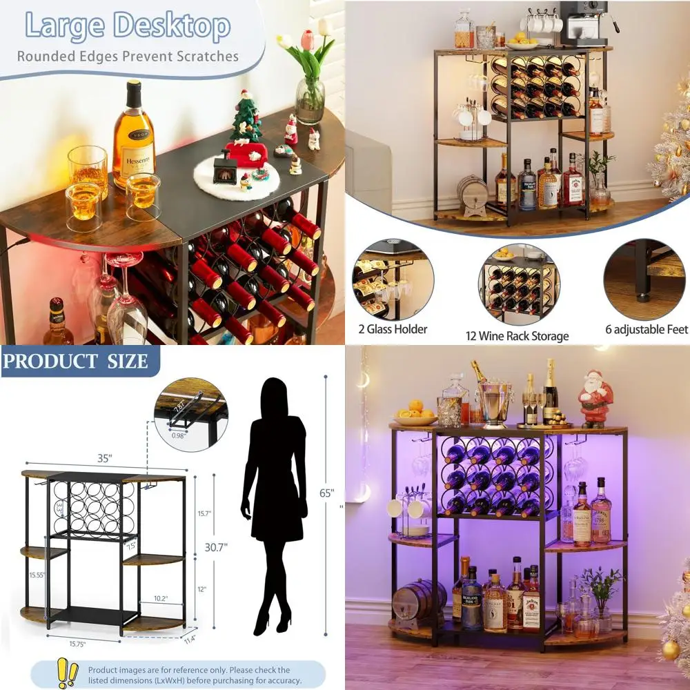 

Шкаф для винного бара со светодиодной подсветкой, стеллаж для хранения со стеклянным держателем, трехъярусная тележка для домашнего бара, подходит для кухни, столовой, гостиной