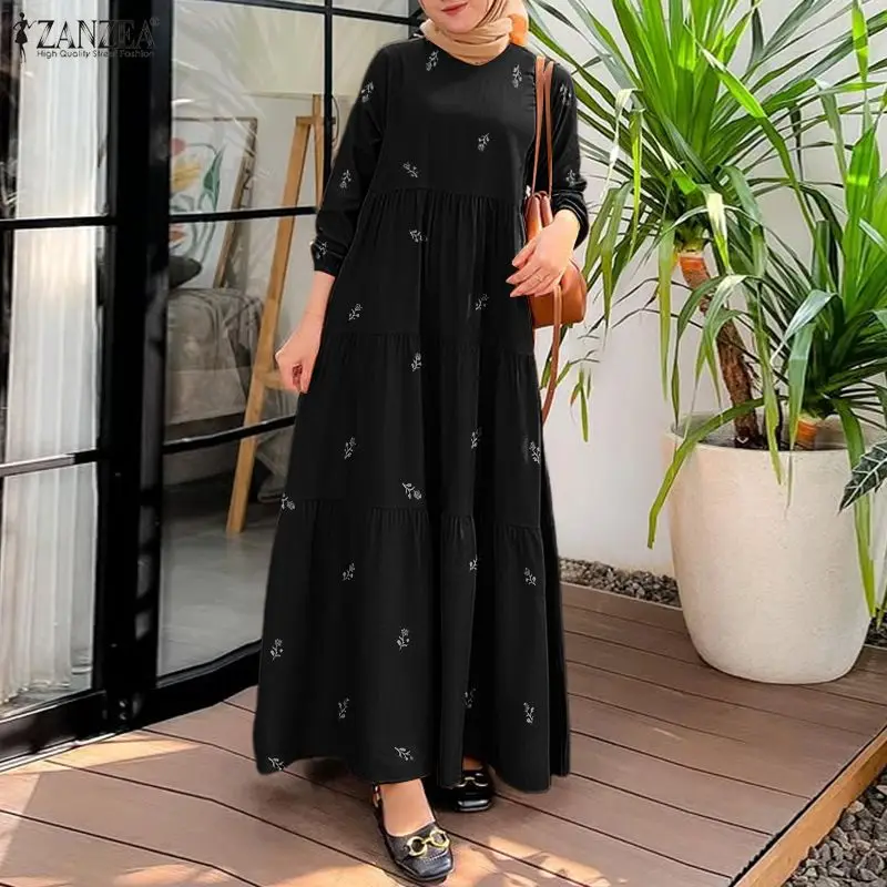 

2026 ZANZEA Повседневное мусульманское платье-абайя с круглым вырезом и длинным рукавом, исламская роба, стильное женское платье с цветочным принтом, свободный праздничный кафтан