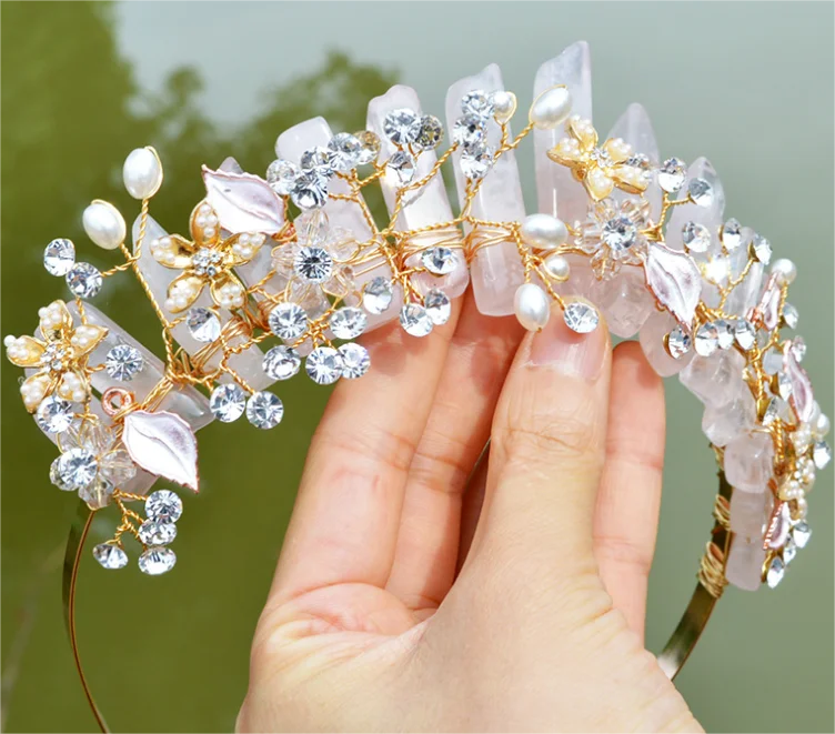 Natural Crystal Crown Rose Quartz Fairy Headband Elves Tiaras Flower Rhinestone Hair Accessories Handmade Wedding Festival Gifts